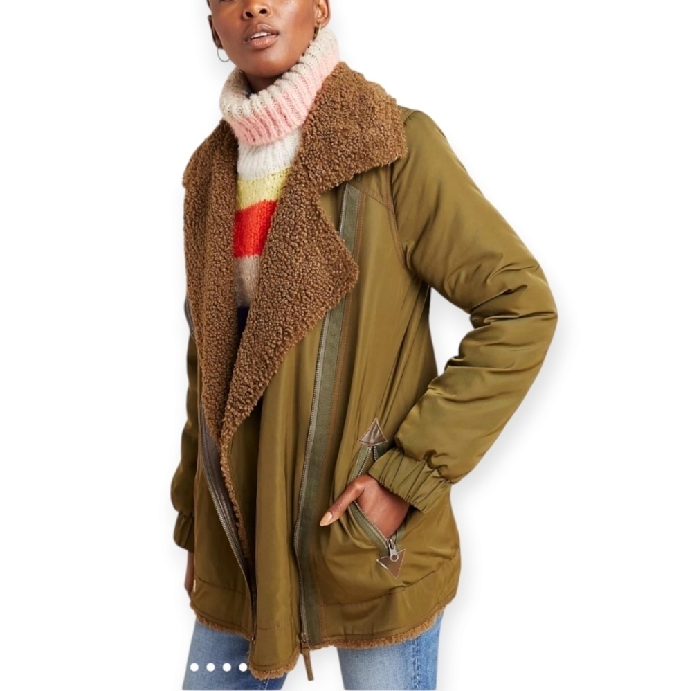 By Anthropologie Sherpa Lined Parka Jacket Aviator, Moto, Chore Coat Small